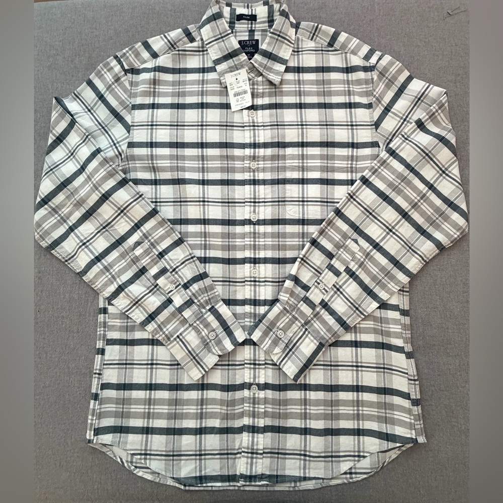 J. Crew Men's Blue and Gray Slim Fit Plaid light flannel Oxford shirt. - Picture 2 of 5